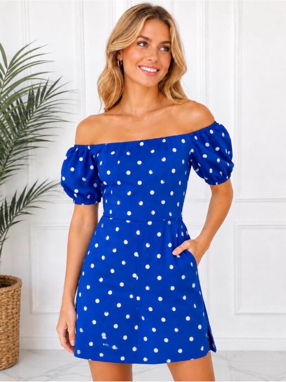 Lilly Pulitzer Jada Off Shoulder Romper Skort Blue White Polka Dot Size 6